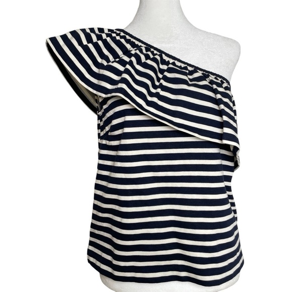 J. Crew Tops - J. CREW Nautical Stripe One Shoulder Bold Ruffle Navy White Cotton Top Blouse XS